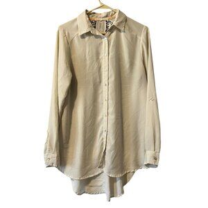 Hint Of‎ Mint Button Down Blouse Size Large Crocheted Back Peasant Cottagecore